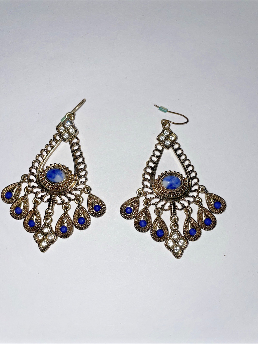 Chandelier Earrings Gold Tone Blue And Clear Accents Decorative Dangle Boho